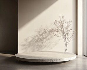 Beige round stone podium, natural light, minimalist display.  Soft shadows cast by a small plant on a light beige backdrop