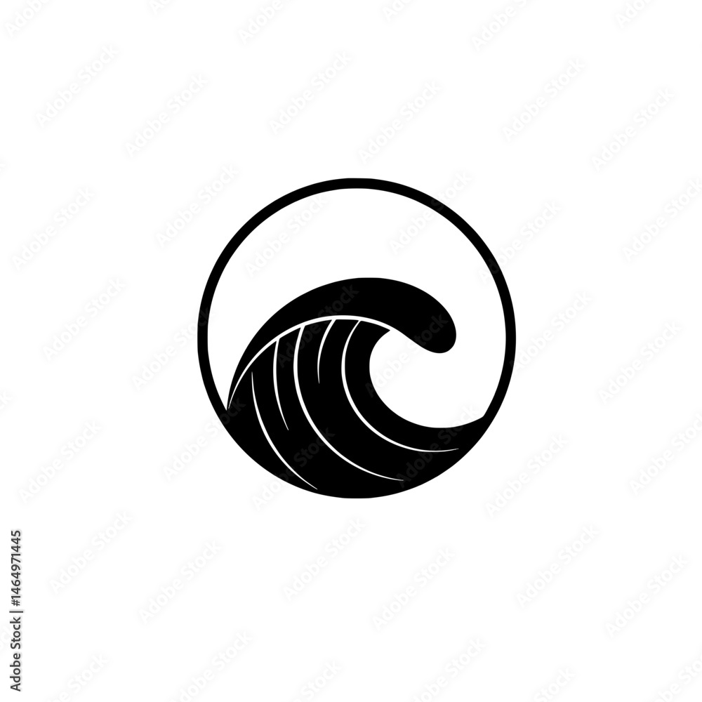 Poster waves in circle: a simple yet striking illustration, a wave's crest unfurls within a circular frame,