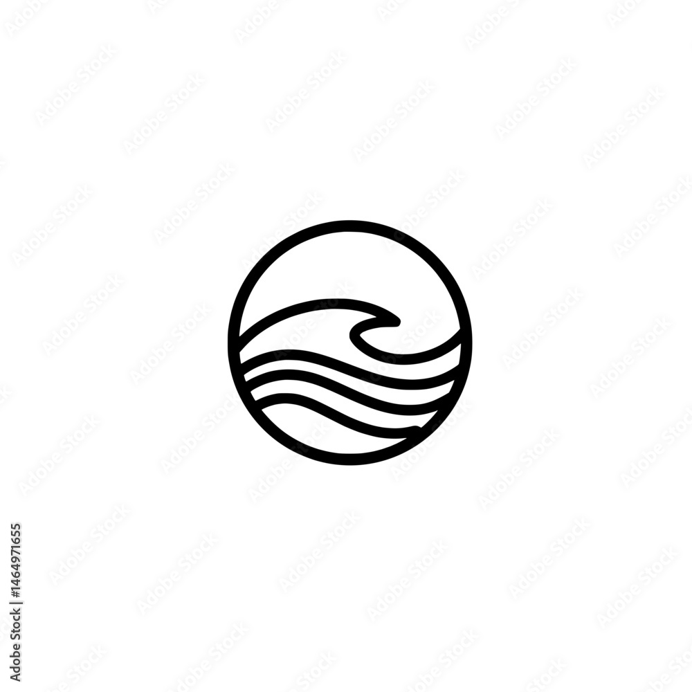Poster waves in circle logo: a minimalist logo design featuring stylized wave patterns enclosed within a ci