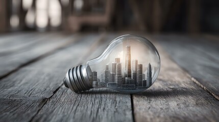 bulb with a miniature cityscape inside, urban innovation and ideas