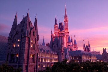 Fototapeta premium Illuminated gothic castle at twilight with warm pink and purple sky