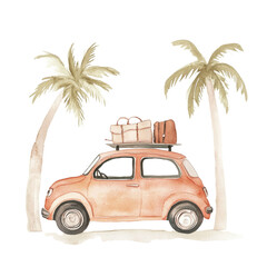 Vintage car loaded with luggage set against a tropical palm tree backdrop