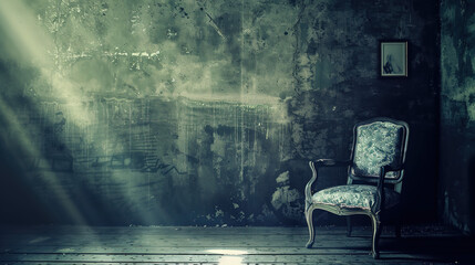 Empty wooden chair with vintage picture placed on seat in quiet room, conveying solitude, nostalgia and emotional memories of missing someone special.