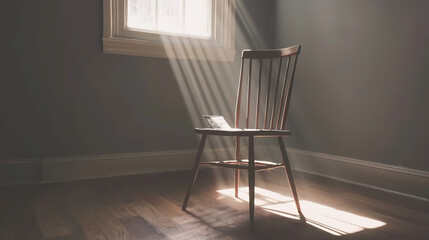 Empty wooden chair with vintage picture placed on seat in quiet room, conveying solitude, nostalgia and emotional memories of missing someone special.