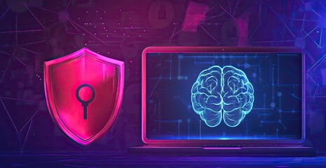 Cybersecurity, digital protection, and brain-computer interface concept. A laptop displaying a digital brain graphic, with a red shield containing a keyhole for security