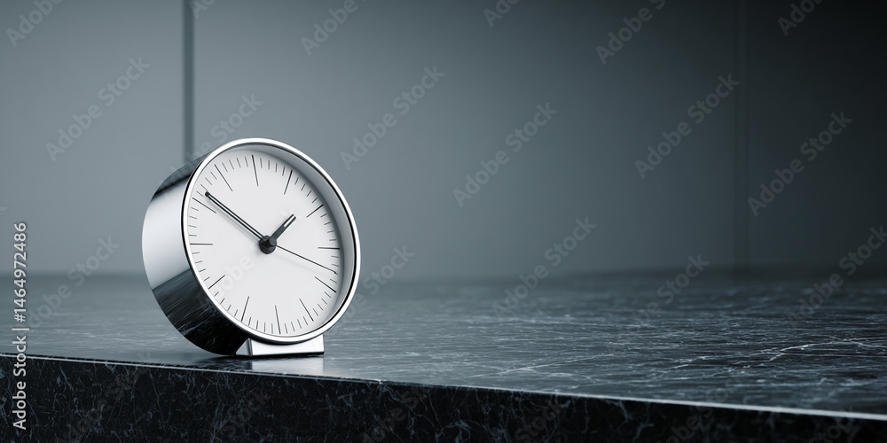 Poster modern silver clock with white face sits on dark marble surface, showcasing minimalist design and co
