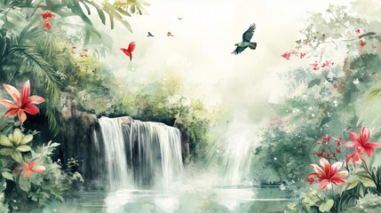 Watercolor-style digital painting of a tranquil waterfall scene  