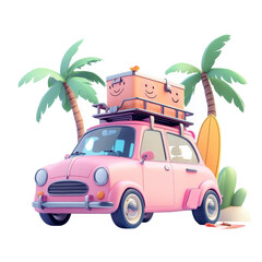 Whimsical getaway: Cartoon car ready for a vacation trip to a tropical beach
