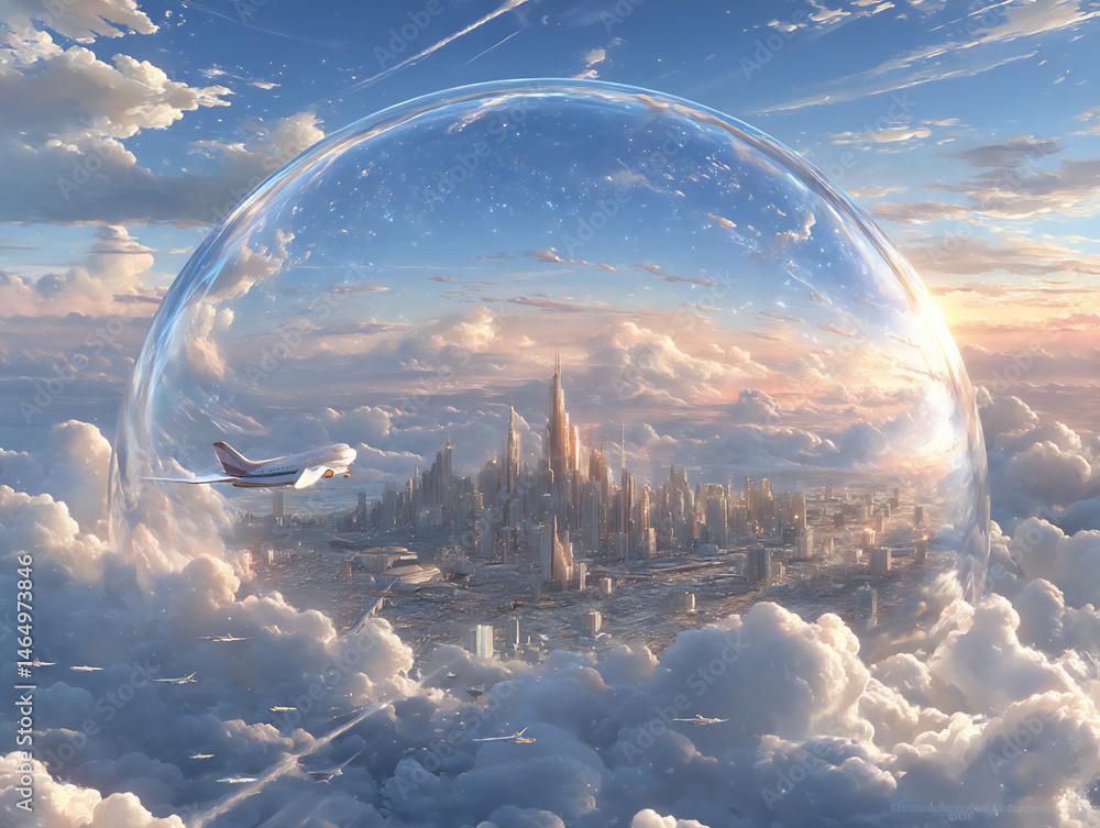 Poster a color image in a digital art style featuring a giant crystal ball floating in the clouds, reflecti