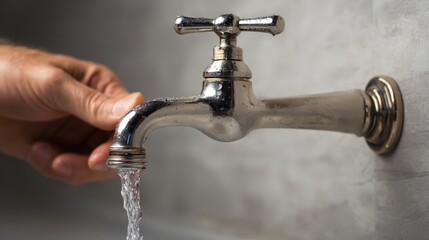 Hand turning on a vintage metal faucet with water flowing Clean and fresh water resource concept