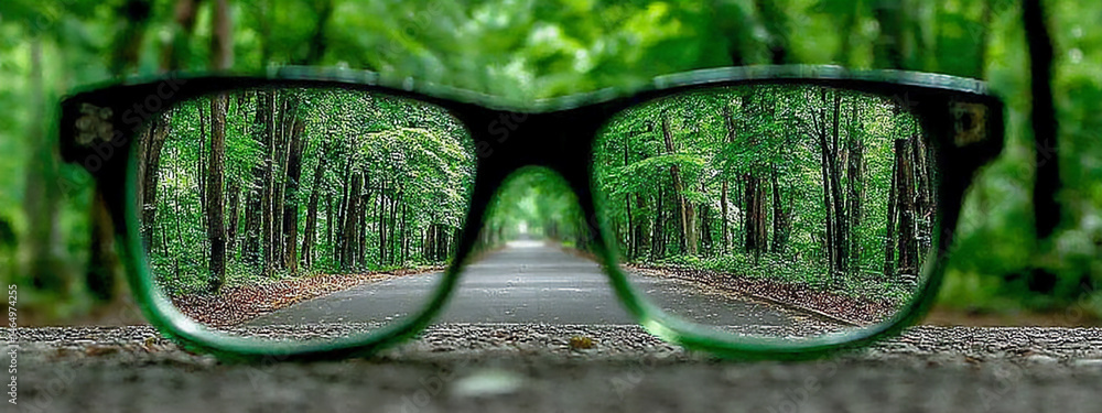 Poster a conceptual color photograph showing a blurred forest scene in the background, brought into sharp f