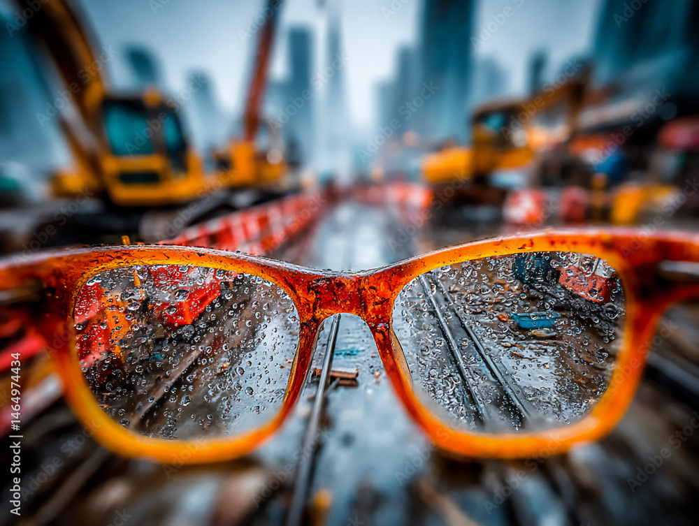 Aufkleber a conceptual color photograph with a blurred construction site in the background, brought into sharp