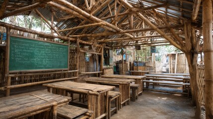 Rustic Bamboo Classroom Simple Wooden Desks and Benches under Thatch Roof
