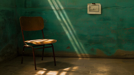 Empty wooden chair with vintage picture placed on seat in quiet room, conveying solitude, nostalgia and emotional memories of missing someone special.