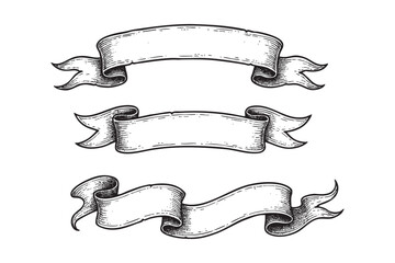 vintage ribbon set woodcut engraving vector illustration