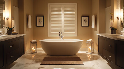 Stylish Bathroom with Modern Bath and Ambient Lighting  