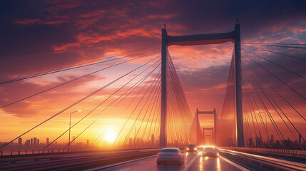 Obraz premium Iconic suspension bridge at sunset with dramatic clouds 