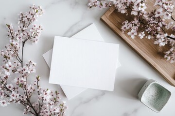 Spring blossoms and blank cards on marble