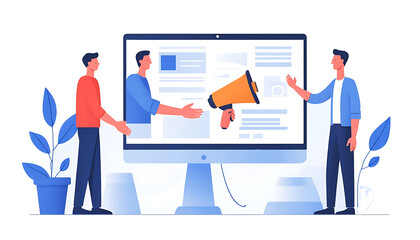 Vector isolated illustration of two partners shaking hands through a computer screen, with a megaphone nearby to represent promotion. Clean, minimal flat style on white background.