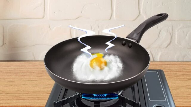 A video animation of an egg frying in a pan on a gas stove, with flames cooking the egg and smoke rising up.