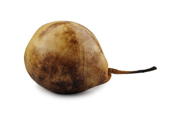 Blackened, spoiled pear isolated on white background.