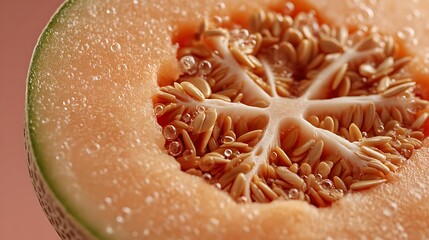 Close-up of cantaloupe with seeds and water droplets
