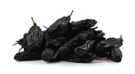 A pile of black raisins isolated on white background.