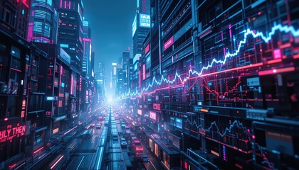 Fototapeta premium Futuristic Cityscape with Neon Lights and Stock Market Data Over