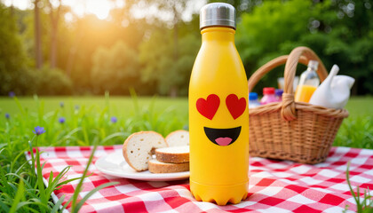 Fototapeta premium Cheerful emoji water bottle on picnic blanket, summer joy