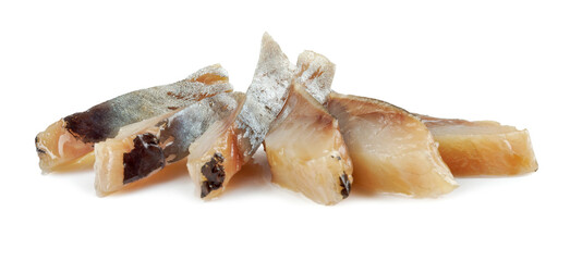 Several pieces of herring isolated on white background . Herring fillet .