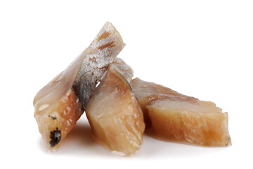 Three pieces of herring isolated on white background . Herring fillet .
