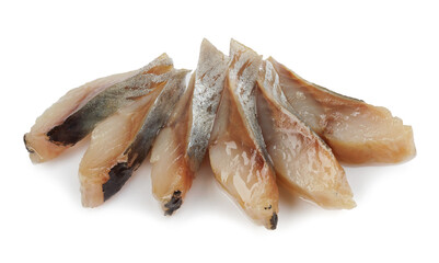 Several pieces of herring isolated on white background . Herring fillet .