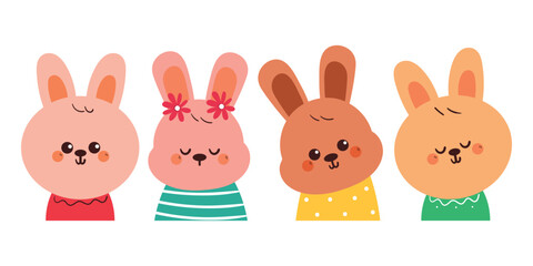 hand drawing cartoon bunny with cute clothes sticker set. cute animal drawing, doodle set