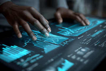 Close-up of dark hands interacting with a digital interface showing cyan graphs and charts, symbolizing data analysis, technology, and modern business
