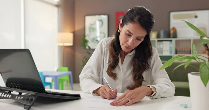 Teacher, laptop and woman with writing in home for online lesson schedule, planning curriculum and class notes. Remote work, educator and paperwork for elearning course and grading kindergarten test