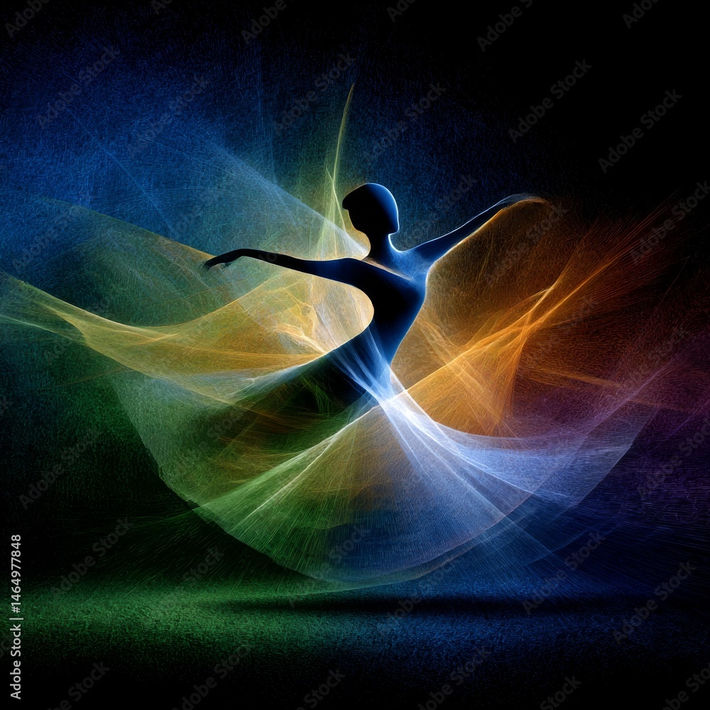 Poster dance of light and shadow: a graceful silhouette dances amidst swirling streams of vibrant, ethereal