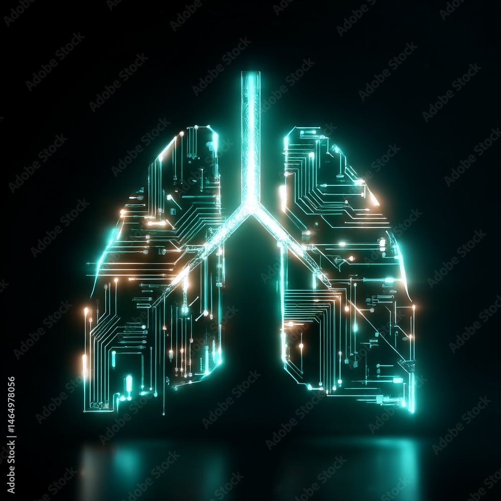 Poster digital lungs: a luminous teal circuit board representing healthy pulmonary system on a dark backgro