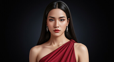 Elegant Woman in Red Dress Portrait Against Dark Backdrop with Earrings