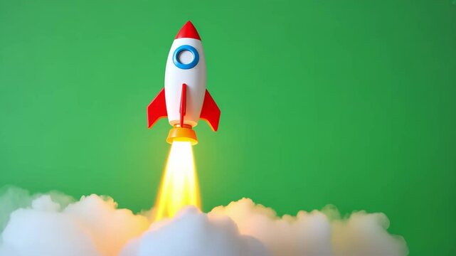 Colorful toy rocket launching with vibrant flames and smoke on bright green background