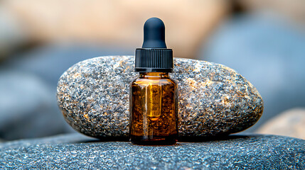 Amber Glass Bottle of Oil on Grey Stones