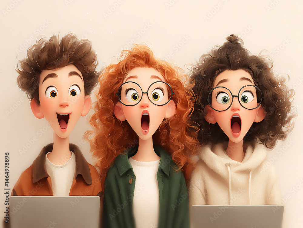Poster a simple digital illustration of three colleagues working on laptops: one smiling with joy, one look