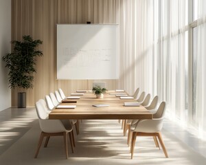 Bright dining room with large table and warm wooden furniture