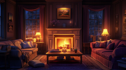 Cozy living room with warm fireplace and winter ambiance  