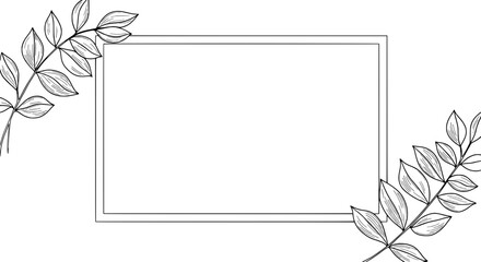Elegant Frame and Leafy Accents: Minimalist black and white botanical illustration featuring a blank rectangular frame adorned with delicate leafy sprigs.