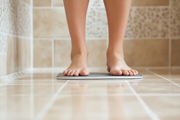 Woman standing on floor scales in bathroom interior, closeup cropped shot. Diet, healthy lifestyle, loss weight, slim concept