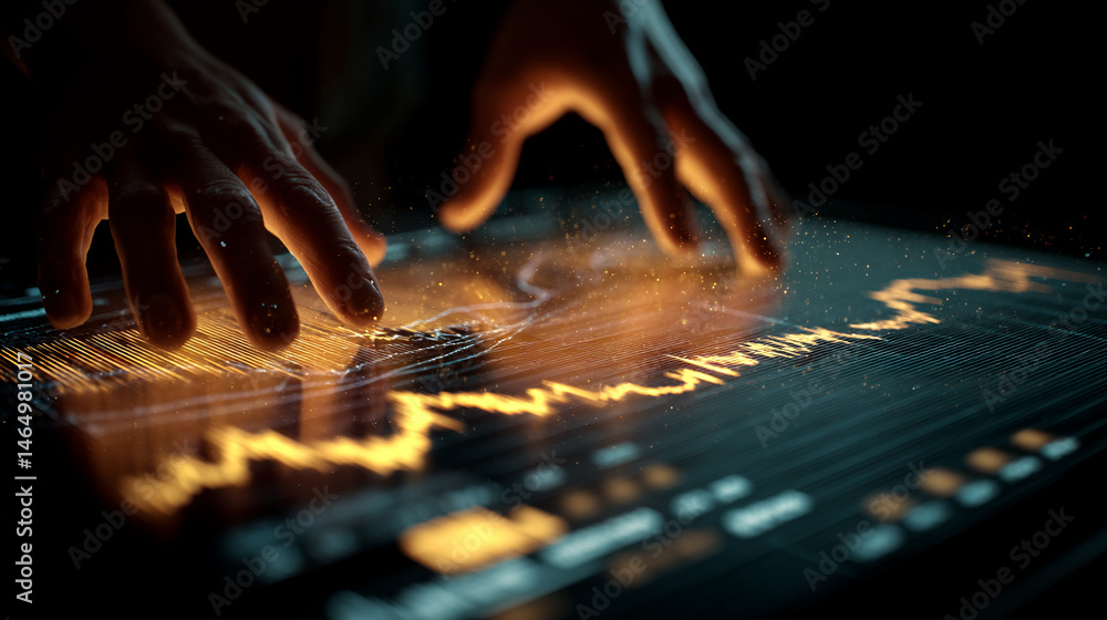 Poster hands interacting with a glowing digital interface displaying data graphs, symbolizing technological