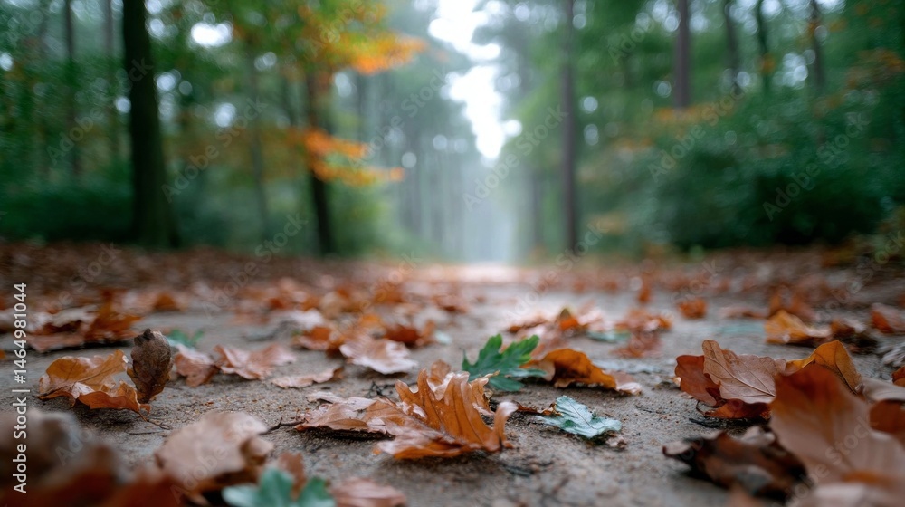 Poster a tranquil forest path is blanketed with vibrant fallen leaves, creating a serene atmosphere perfect