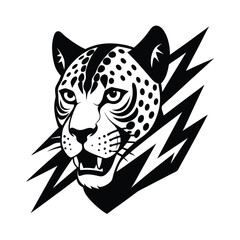 Powerful black and white graphic illustration of a fierce cheetah face with energy bolt element
