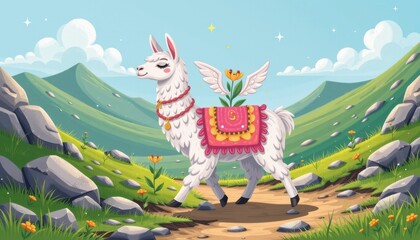 Obraz premium A candy colored doodle llama carries plant seedlings on its back through a highland path, planting them in real cracks between rocks, soft sparkles and wings rising as it walks