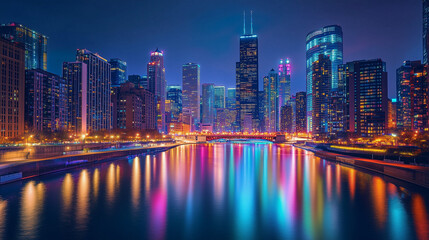 Naklejka premium Vibrant city skyline reflecting lights on water at night 